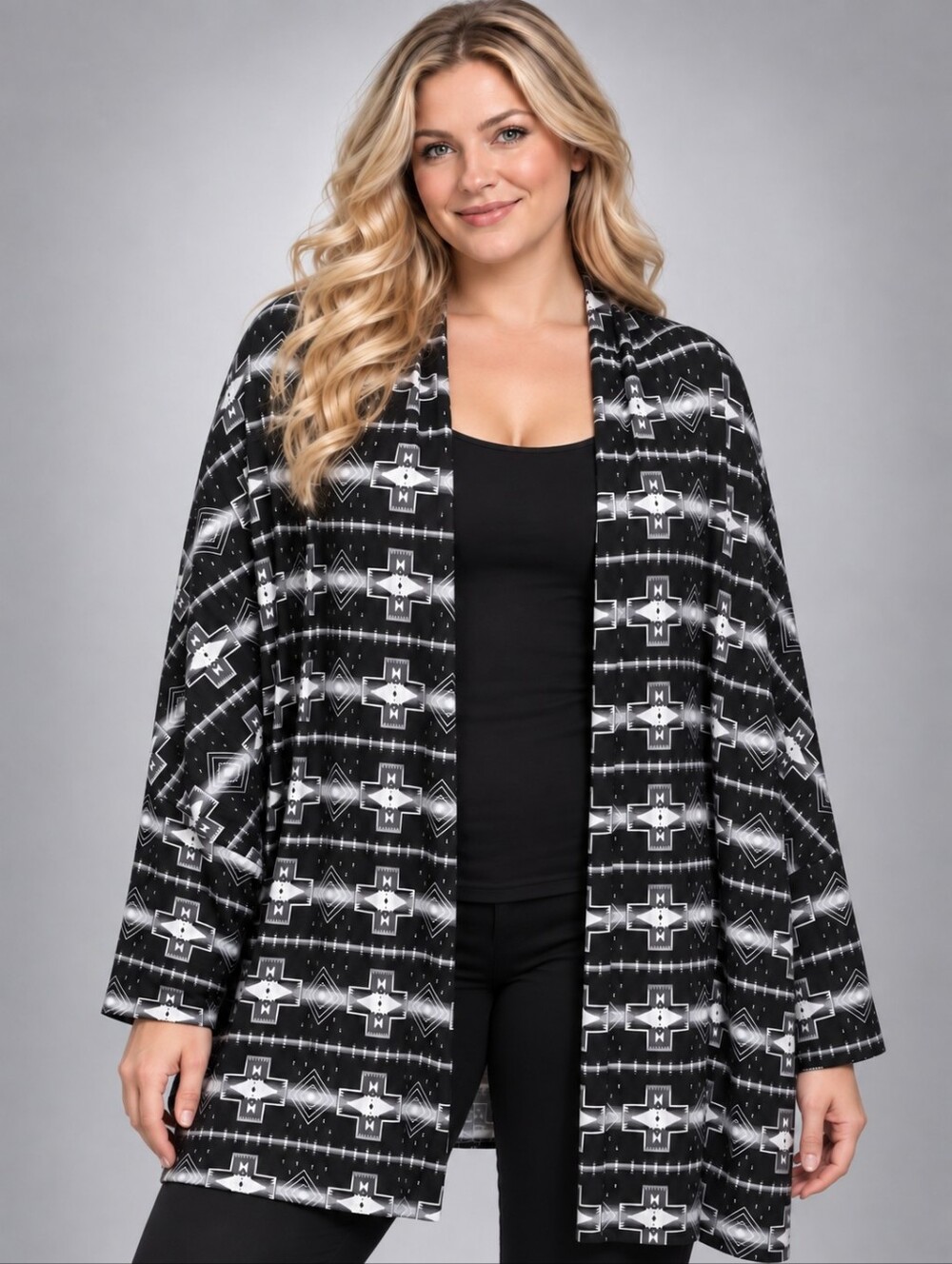Lucky & Blessed Black,White& Gray Open Front Lightweight Southwestern Cardigan
